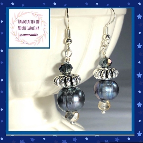 Sterling Silver Earrings w Baroque Grey Pearl and Pewter Beads Handcrafted in NC - Picture 7 of 10
